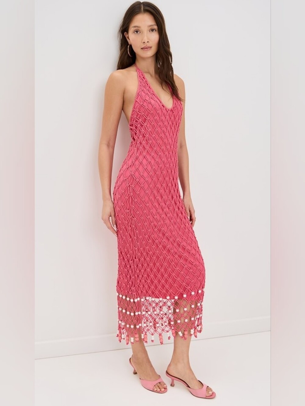 NWT The Wolf Gang Reis Macrame Maxi Dress Size S Pink Beaded Hem